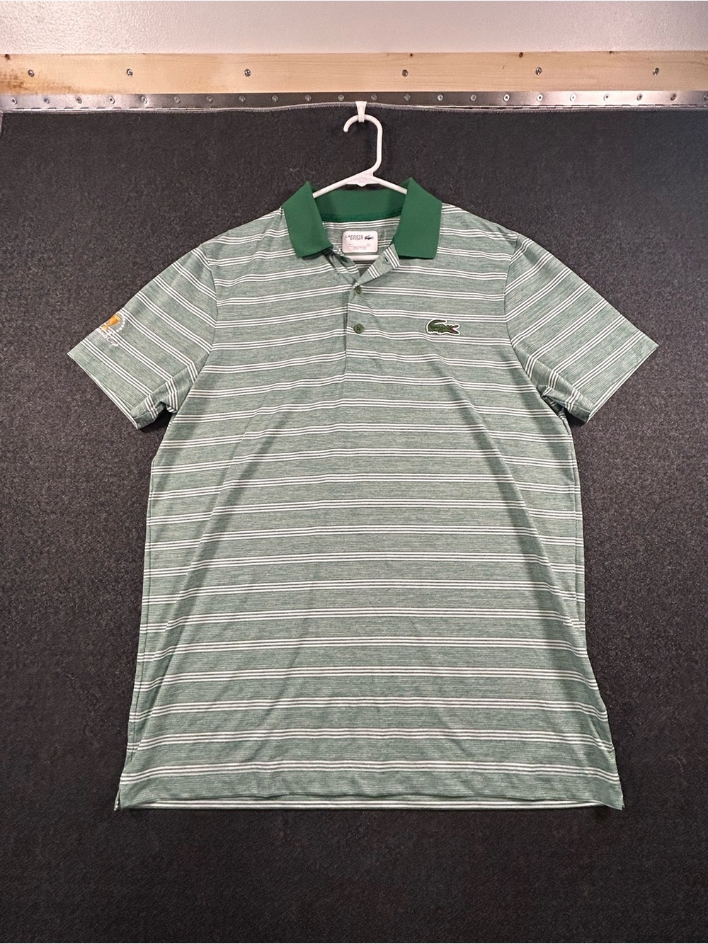 Lacoste Sport Polo Shirt Mens US L FR 5 Green Stripe Presidents Cup Golf Logo